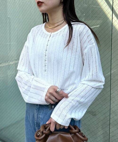 CIAOPANIC TYPY（チャオパニックティピー）の「【2WAY】針抜きシアーホックヘンリートップス（Tシャツ/カットソー・レディース・ブラック/ブラウン/イエロー/レッド/オフホワイト/サックスブルー・ONE SIZE）」の7枚目の写真