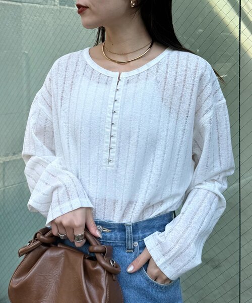 CIAOPANIC TYPY（チャオパニックティピー）の「【2WAY】針抜きシアーホックヘンリートップス（Tシャツ/カットソー・レディース・ブラック/ブラウン/イエロー/レッド/オフホワイト/サックスブルー・ONE SIZE）」の9枚目の写真