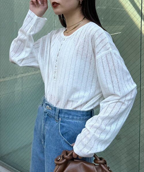 CIAOPANIC TYPY（チャオパニックティピー）の「【2WAY】針抜きシアーホックヘンリートップス（Tシャツ/カットソー・レディース・ブラック/ブラウン/イエロー/レッド/オフホワイト/サックスブルー・ONE SIZE）」の11枚目の写真