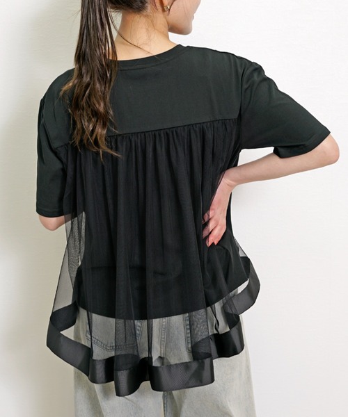 Belta attrice(ベルタアトリーチェ)の「バックチュール異素材切り替えフレア半袖Tシャツ(Tシャツ/カットソー・レディース・ブラック/ネイビー/ラベンダー・FREE)」の7枚目の写真
