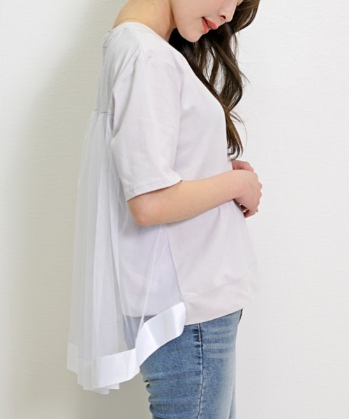Belta attrice(ベルタアトリーチェ)の「バックチュール異素材切り替えフレア半袖Tシャツ(Tシャツ/カットソー・レディース・ブラック/ネイビー/ラベンダー・FREE)」の13枚目の写真
