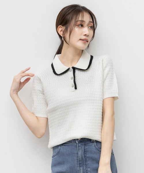 RANDA(ランダ)の「ビジューボタンクロシェ編みポロニット(ニット/セーター・レディース・ネイビー/ホワイト/ライトグレー・FREE)」の2枚目の写真