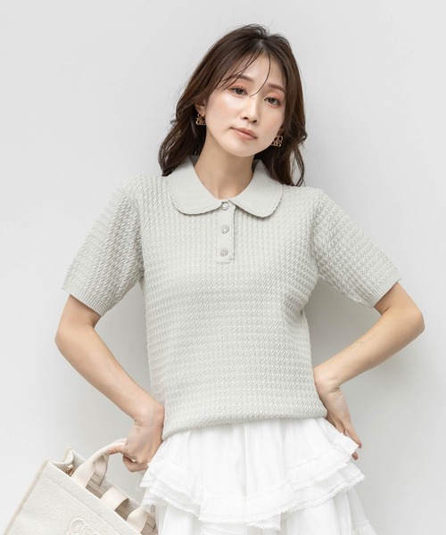 RANDA(ランダ)の「ビジューボタンクロシェ編みポロニット(ニット/セーター・レディース・ネイビー/ホワイト/ライトグレー・FREE)」の3枚目の写真