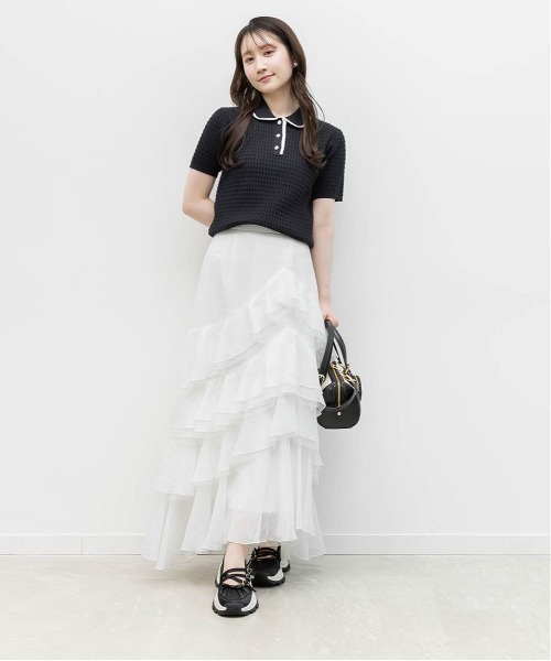 RANDA(ランダ)の「ビジューボタンクロシェ編みポロニット(ニット/セーター・レディース・ネイビー/ホワイト/ライトグレー・FREE)」の9枚目の写真
