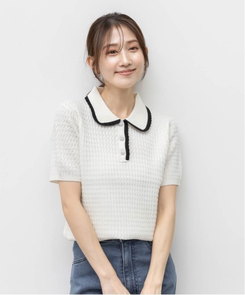 RANDA(ランダ)の「ビジューボタンクロシェ編みポロニット(ニット/セーター・レディース・ネイビー/ホワイト/ライトグレー・FREE)」の10枚目の写真