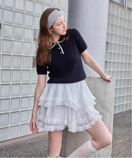 RANDA(ランダ)の「ビジューボタンクロシェ編みポロニット(ニット/セーター・レディース・ネイビー/ホワイト/ライトグレー・FREE)」の5枚目の写真