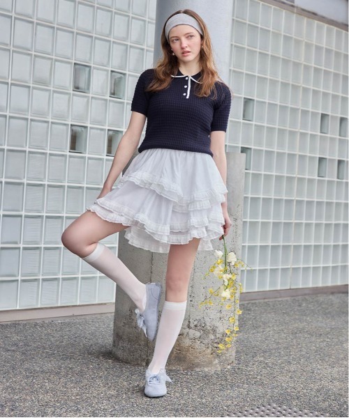 RANDA(ランダ)の「ビジューボタンクロシェ編みポロニット(ニット/セーター・レディース・ネイビー/ホワイト/ライトグレー・FREE)」の6枚目の写真