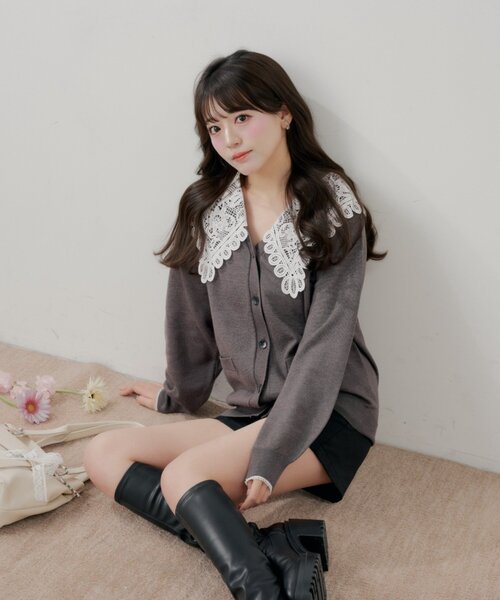 セール】【KURUMIコラボ】襟レースルーズカーディガン（カーディガン