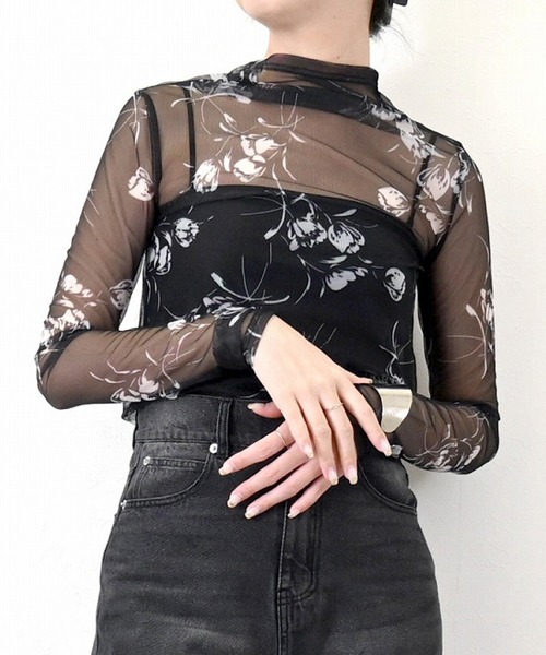 STYLEBLOCK(スタイルブロック)の「フラワープリントパワーネットボトルネックロンT(Tシャツ/カットソー・レディース・ブラウン/ネイビー/ブラック・M)」の2枚目の写真