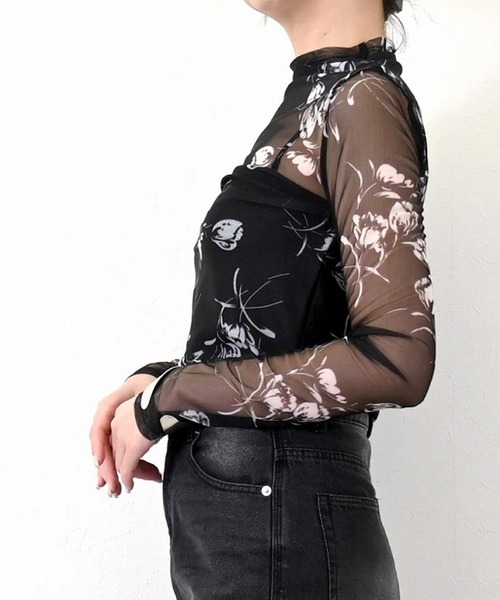 STYLEBLOCK(スタイルブロック)の「フラワープリントパワーネットボトルネックロンT(Tシャツ/カットソー・レディース・ブラウン/ネイビー/ブラック・M)」の4枚目の写真