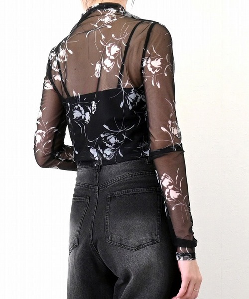 STYLEBLOCK(スタイルブロック)の「フラワープリントパワーネットボトルネックロンT(Tシャツ/カットソー・レディース・ブラウン/ネイビー/ブラック・M)」の5枚目の写真