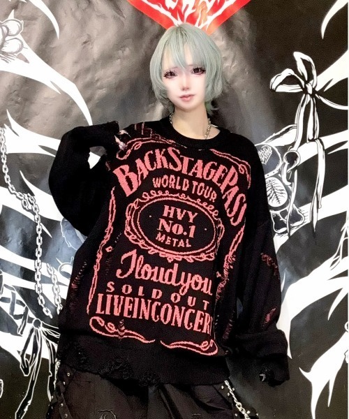 BACKSTAGE PASS(バックステージパス)の「BONZO-LIGHT(ボンゾーライト)ロゴジャガード オーバーサイズ ダメージニット(ニット/セーター・メンズ・グレー/ラベンダー/ホワイト/レッド・FREE)」の4枚目の写真