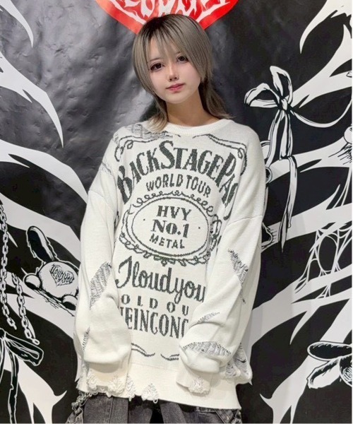 BACKSTAGE PASS(バックステージパス)の「BONZO-LIGHT(ボンゾーライト)ロゴジャガード オーバーサイズ ダメージニット(ニット/セーター・メンズ・グレー/ラベンダー/ホワイト/レッド・FREE)」の2枚目の写真