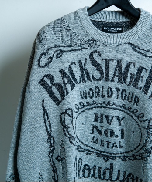 BACKSTAGE PASS(バックステージパス)の「BONZO-LIGHT(ボンゾーライト)ロゴジャガード オーバーサイズ ダメージニット(ニット/セーター・メンズ・グレー/ラベンダー/ホワイト/レッド・FREE)」の18枚目の写真