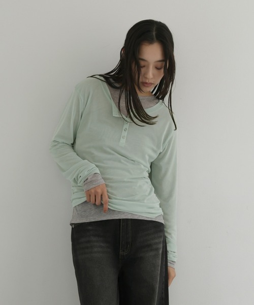  hellam（へラム）の「シアーヘンリーレイヤードトップス（Tシャツ/カットソー・レディース・ブラック/アイボリー/ネイビー/ミント・FREE）」の3枚目の写真