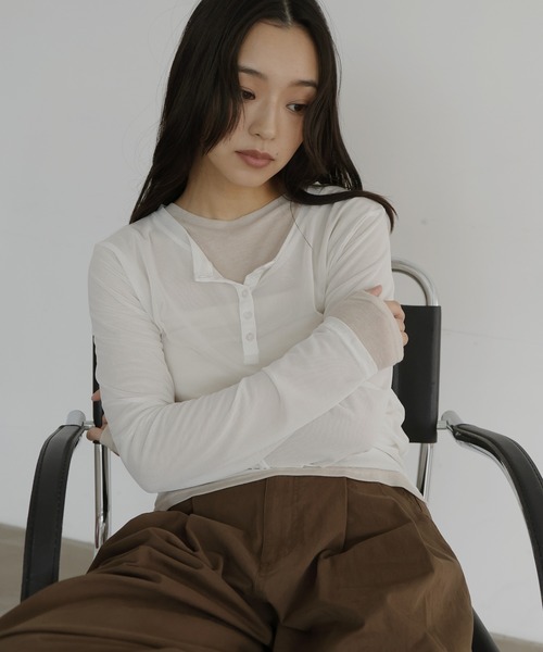  hellam（へラム）の「シアーヘンリーレイヤードトップス（Tシャツ/カットソー・レディース・ブラック/アイボリー/ネイビー/ミント・FREE）」の21枚目の写真