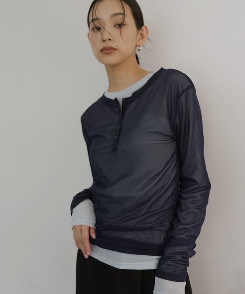  hellam（へラム）の「シアーヘンリーレイヤードトップス（Tシャツ/カットソー・レディース・ブラック/アイボリー/ネイビー/ミント・FREE）」の5枚目の写真
