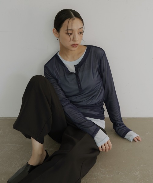  hellam（へラム）の「シアーヘンリーレイヤードトップス（Tシャツ/カットソー・レディース・ブラック/アイボリー/ネイビー/ミント・FREE）」の7枚目の写真
