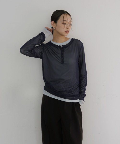  hellam（へラム）の「シアーヘンリーレイヤードトップス（Tシャツ/カットソー・レディース・ブラック/アイボリー/ネイビー/ミント・FREE）」の10枚目の写真