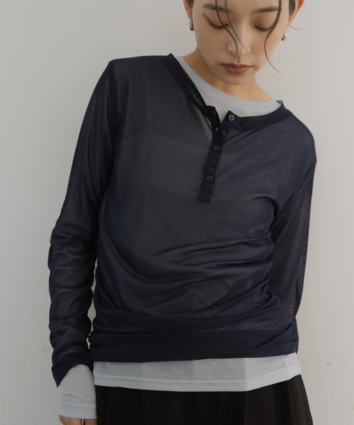  hellam（へラム）の「シアーヘンリーレイヤードトップス（Tシャツ/カットソー・レディース・ブラック/アイボリー/ネイビー/ミント・FREE）」の11枚目の写真