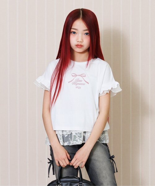 algy(アルジー)の「フリル袖りぼんTシャツ(Tシャツ/カットソー・キッズ・サックスブルー/オフホワイト/ピンク・130/140/150/160)」の1枚目の写真