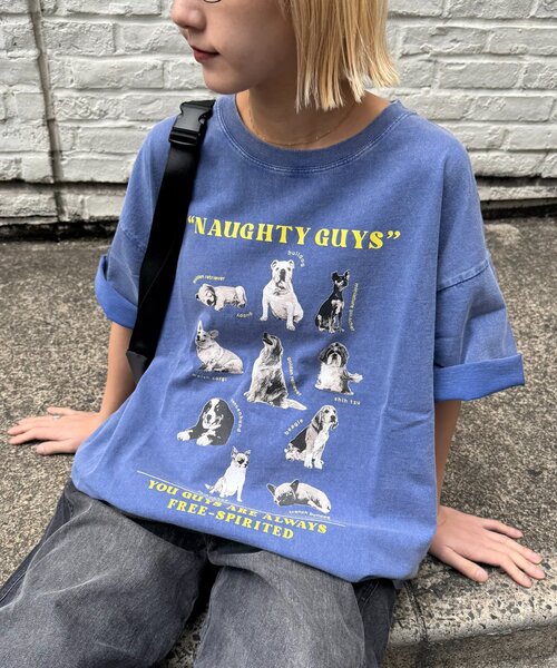 SOUNDSGOOOOD(サウンズグッド)の「【SOUNDS GOOOOD】パウダー犬ロゴプリントTEE(Tシャツ/カットソー・レディース・チャコールグレー/オレンジ/ブルー・ONE SIZE)」の1枚目の写真