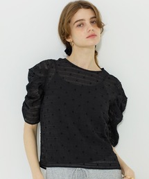 シアードット袖シャーリングTOPS