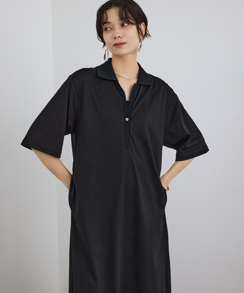 SALON adam et rope'(サロン アダム エ ロペ)の「プリマベールポロシャツワンピース / UVケア・二の腕カバー・半袖・夏服・オフィスカジュアル(ワンピース・レディース・キャメル/ブラック・FREE)」の2枚目の写真