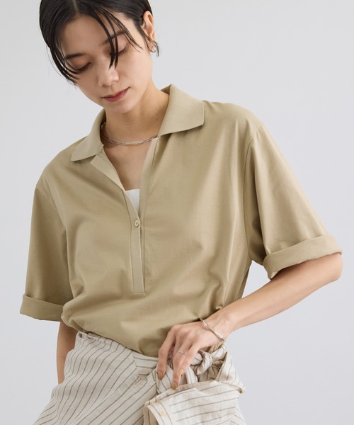 SALON adam et rope'(サロン アダム エ ロペ)の「プリマベールポロシャツワンピース / UVケア・二の腕カバー・半袖・夏服・オフィスカジュアル(ワンピース・レディース・キャメル/ブラック・FREE)」の4枚目の写真
