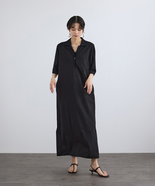 SALON adam et rope'(サロン アダム エ ロペ)の「プリマベールポロシャツワンピース / UVケア・二の腕カバー・半袖・夏服・オフィスカジュアル(ワンピース・レディース・キャメル/ブラック・FREE)」の5枚目の写真