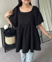 バックリボンダイヤジャガードタックペプラムブラウス