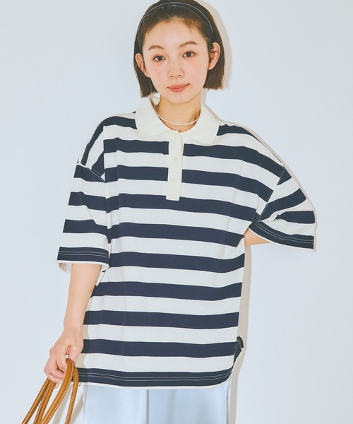 COLORME(カラーミー)の「【AKB48 伊藤百花 着用】半袖ゆるラガーTシャツ(ポロシャツ・レディース・ネイビー/グリーン・FREE)」の2枚目の写真