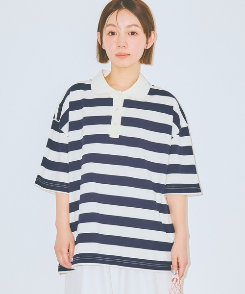 COLORME(カラーミー)の「【AKB48 伊藤百花 着用】半袖ゆるラガーTシャツ(ポロシャツ・レディース・ネイビー/グリーン・FREE)」の3枚目の写真
