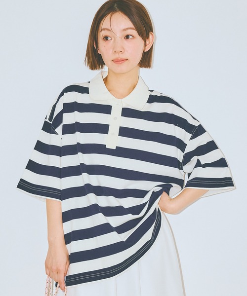 COLORME(カラーミー)の「【AKB48 伊藤百花 着用】半袖ゆるラガーTシャツ(ポロシャツ・レディース・ネイビー/グリーン・FREE)」の4枚目の写真