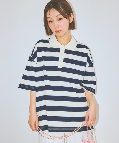 COLORME(カラーミー)の「【AKB48 伊藤百花 着用】半袖ゆるラガーTシャツ(ポロシャツ・レディース・ネイビー/グリーン・FREE)」の5枚目の写真