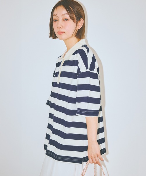 COLORME(カラーミー)の「【AKB48 伊藤百花 着用】半袖ゆるラガーTシャツ(ポロシャツ・レディース・ネイビー/グリーン・FREE)」の6枚目の写真