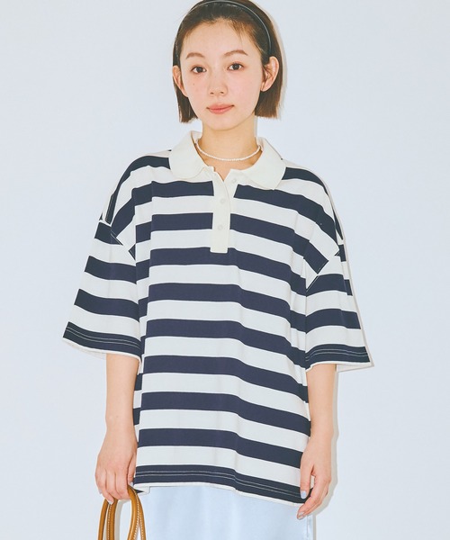 COLORME(カラーミー)の「【AKB48 伊藤百花 着用】半袖ゆるラガーTシャツ(ポロシャツ・レディース・ネイビー/グリーン・FREE)」の7枚目の写真