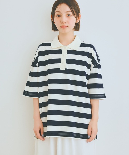 COLORME(カラーミー)の「【AKB48 伊藤百花 着用】半袖ゆるラガーTシャツ(ポロシャツ・レディース・ネイビー/グリーン・FREE)」の8枚目の写真