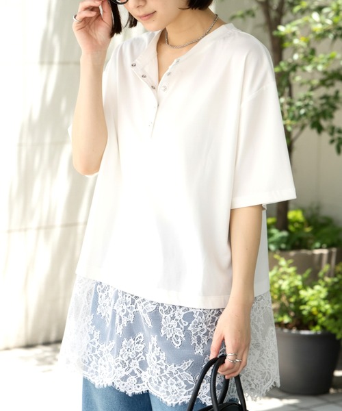 セール】＜接触冷感＞2WAY 裾レース ヘンリーネック半袖Tシャツ（T