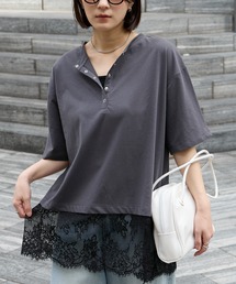 ＜接触冷感＞2WAY 裾レース ヘンリーネック半袖Tシャツ