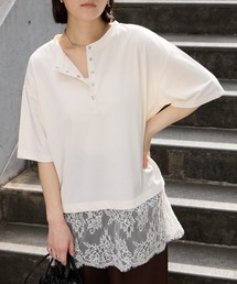 <接触冷感>2WAY 裾レース ヘンリーネック半袖Tシャツ