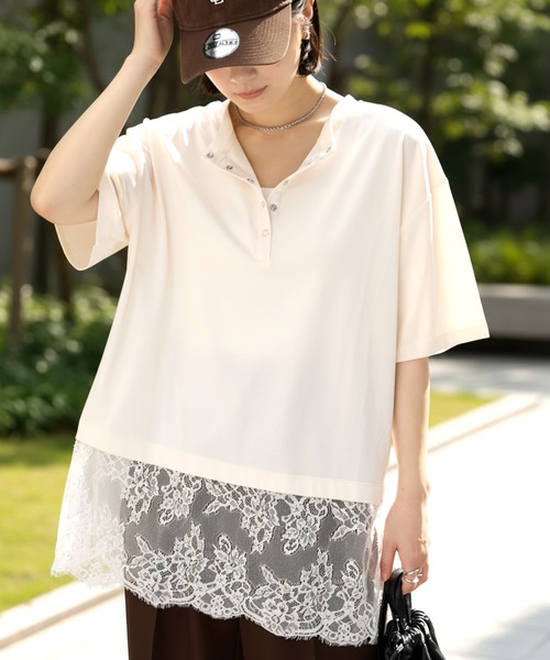 セール】＜接触冷感＞2WAY 裾レース ヘンリーネック半袖Tシャツ（T