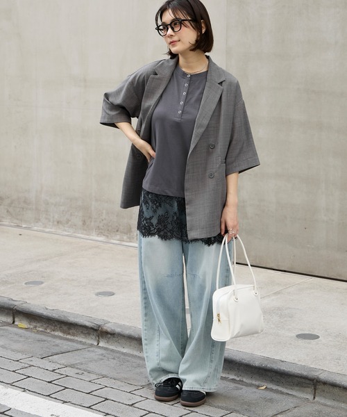 接触冷感＞2WAY 裾レース ヘンリーネック半袖Tシャツ MONO-MART│MONO