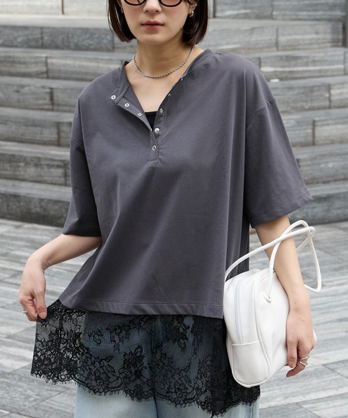 接触冷感＞2WAY 裾レース ヘンリーネック半袖Tシャツ MONO-MART│MONO