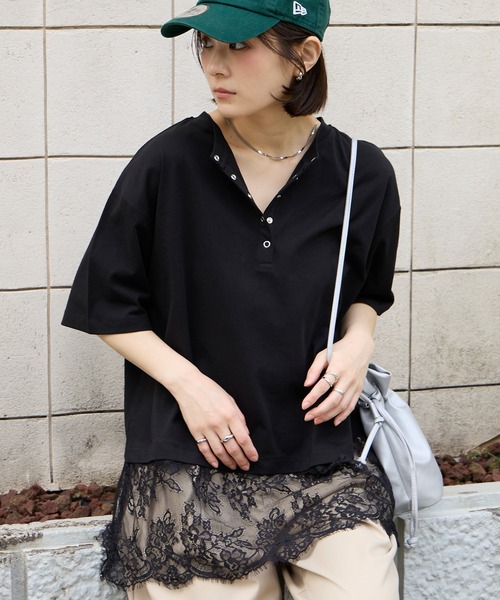 2WAY 裾レース ヘンリーネック半袖Tシャツ＜接触冷感＞ MONO-MART