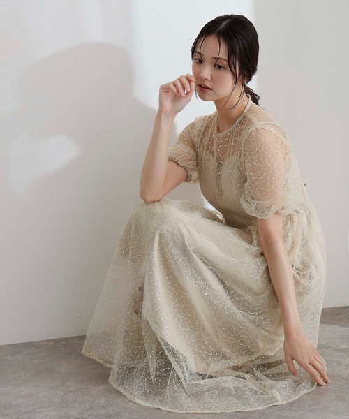 PourVous(プールヴー)の「ミモレ丈&袖あり フォーマル シアー Aライン 透け感 フレア セレモニー 結婚式二次会 パーティードレス オケージョンドレス お呼ばれ 同窓会成人式(ドレス・レディース・ライトブルー/ベージュ/ネイビー・M/S)」の2枚目の写真