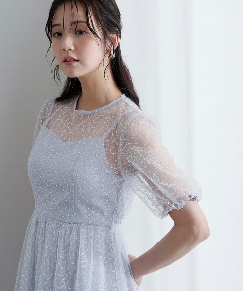 PourVous(プールヴー)の「ミモレ丈&袖あり フォーマル シアー Aライン 透け感 フレア セレモニー 結婚式二次会 パーティードレス オケージョンドレス お呼ばれ 同窓会成人式(ドレス・レディース・ライトブルー/ベージュ/ネイビー・M/S)」の3枚目の写真
