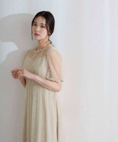 PourVous(プールヴー)の「ミモレ丈&袖あり フォーマル シアー Aライン 透け感 フレア セレモニー 結婚式二次会 パーティードレス オケージョンドレス お呼ばれ 同窓会成人式(ドレス・レディース・ライトブルー/ベージュ/ネイビー・M/S)」の5枚目の写真