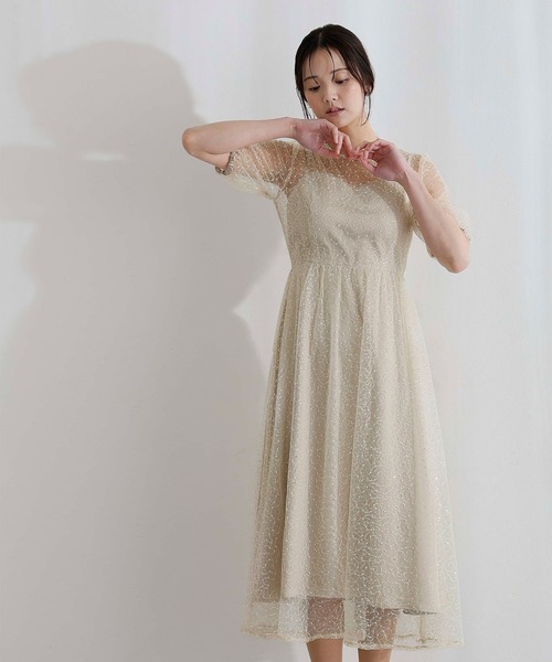 PourVous(プールヴー)の「ミモレ丈&袖あり フォーマル シアー Aライン 透け感 フレア セレモニー 結婚式二次会 パーティードレス オケージョンドレス お呼ばれ 同窓会成人式(ドレス・レディース・ライトブルー/ベージュ/ネイビー・M/S)」の6枚目の写真