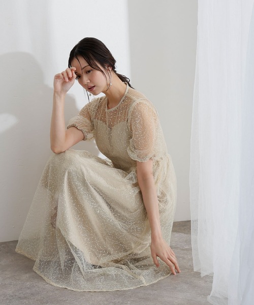 PourVous(プールヴー)の「ミモレ丈&袖あり フォーマル シアー Aライン 透け感 フレア セレモニー 結婚式二次会 パーティードレス オケージョンドレス お呼ばれ 同窓会成人式(ドレス・レディース・ライトブルー/ベージュ/ネイビー・M/S)」の7枚目の写真